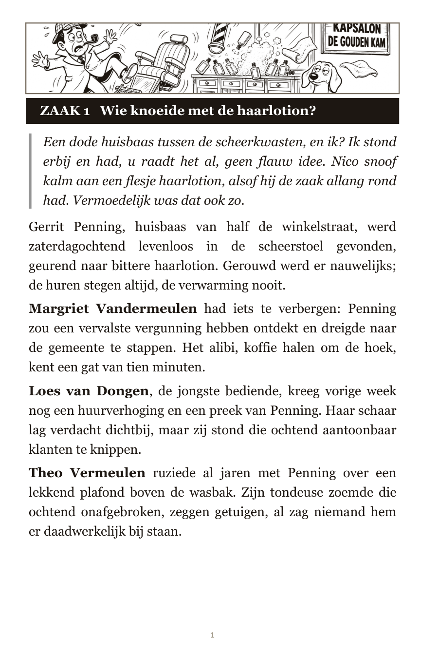 Blik in het misdaad woordzoeker-boek — een zaakpagina met het korte moordverhaal om te lezen